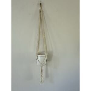 Vintage Macrame Hanging Plant Hanger Hand Knotted Beige Boho Hippie Handcrafted